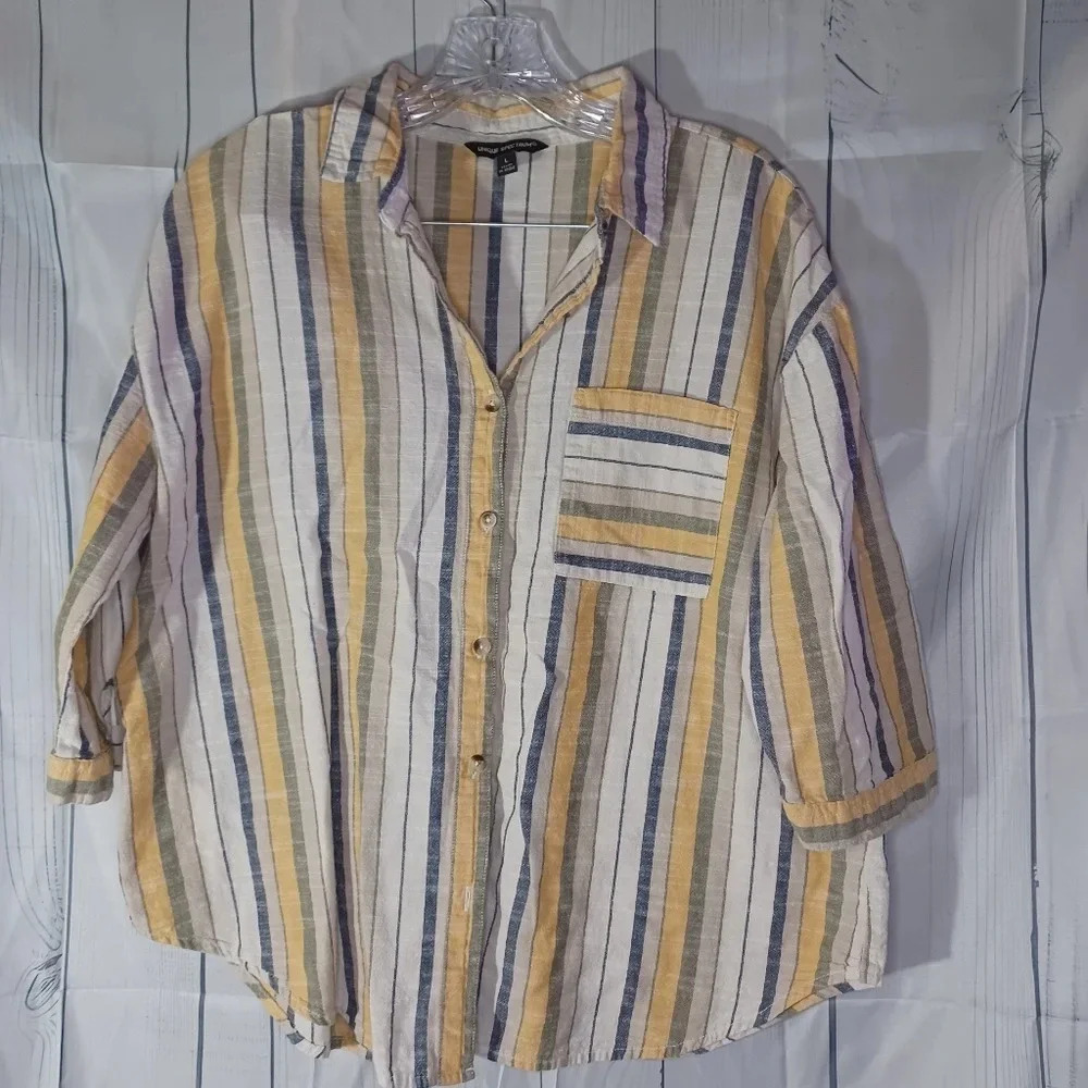 Unique Spectrum 3/4 sleeve100% cotton casual button-down striped shirt